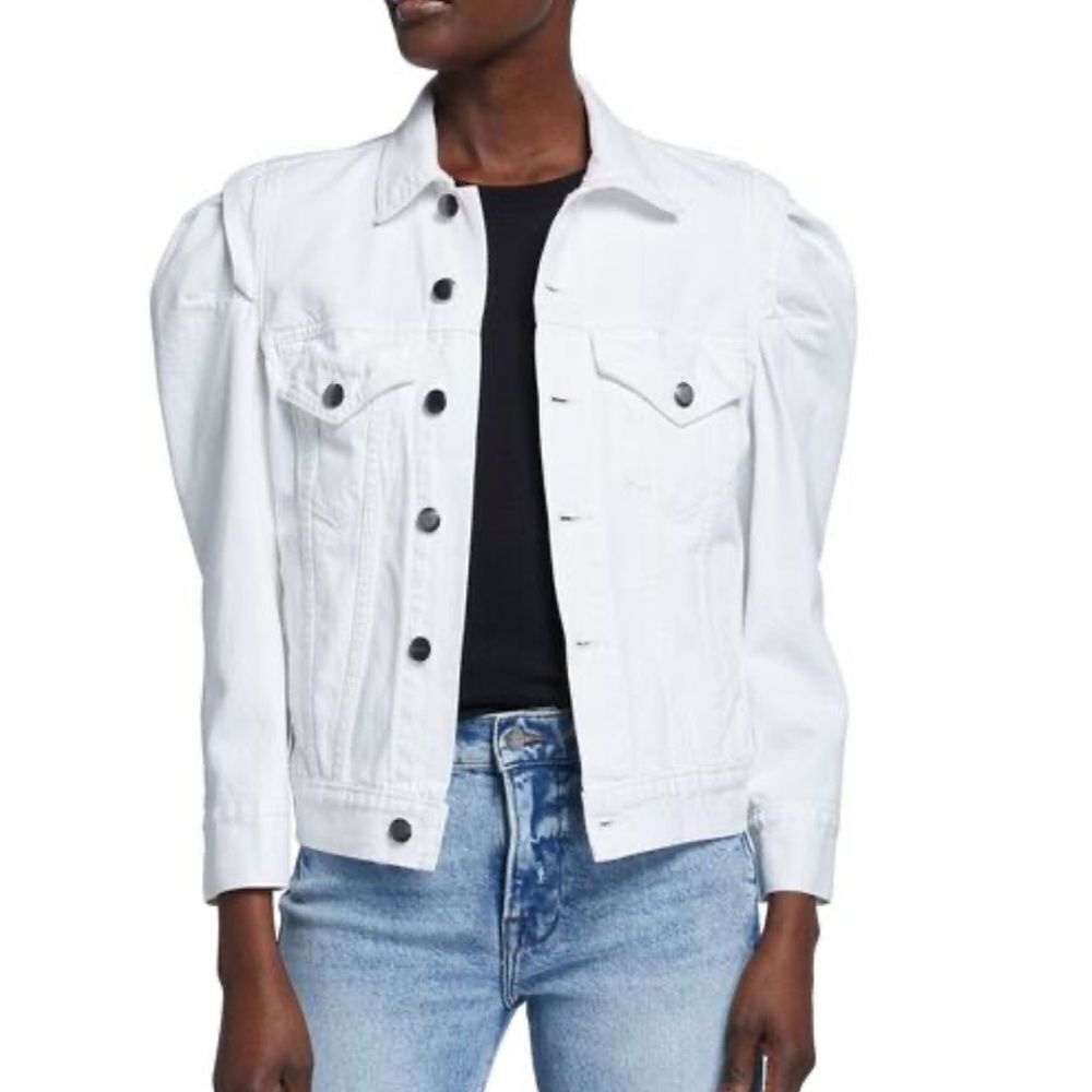 FRAME Denim Rosette Puff Sleeve Denim Jacket Rumpled Blanc White